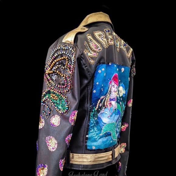 Jackalope Land handmade little mermaid Ariel “no regerts” biker jacket NWOT sz M - Picture 3 of 16